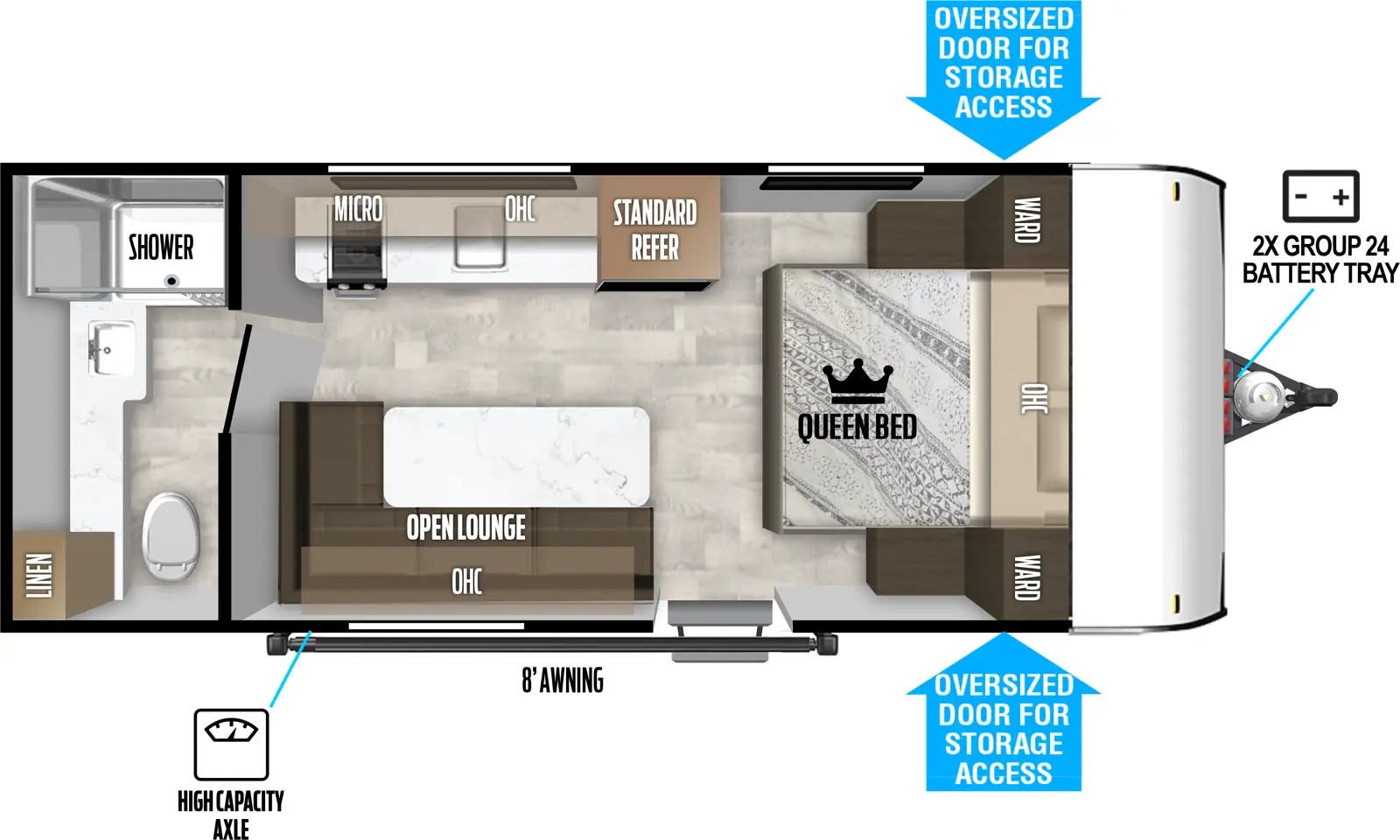 The Salem FSX 164FBLE floorplan has one entry and zero slide outs. Exterior features include: metal exterior and 8' awning. Interiors features include: front bedroom and rear bathroom.